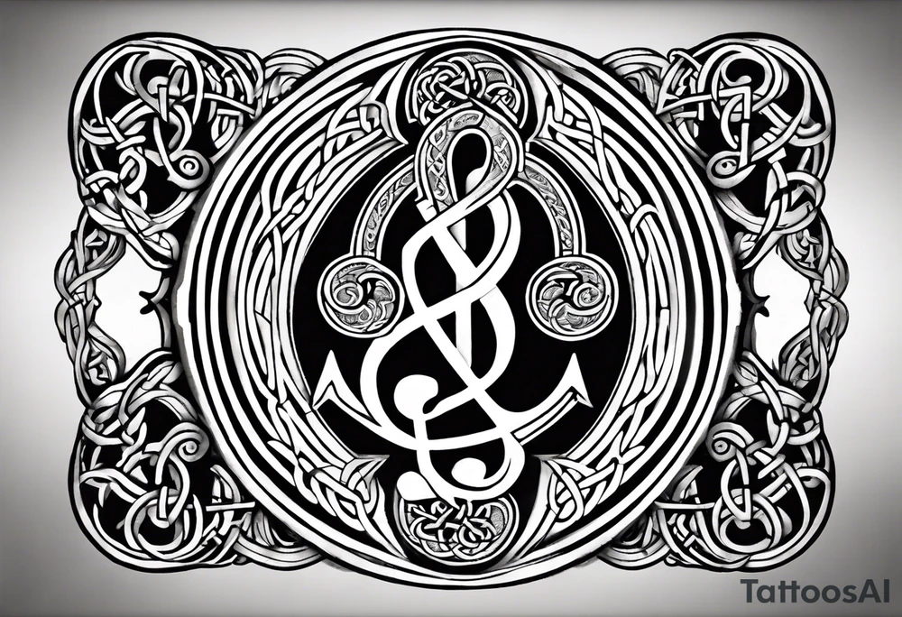 Celtic styling, anchor, bass clef note, treble clef note, dog paw print, half sleeve, forearm tattoo idea