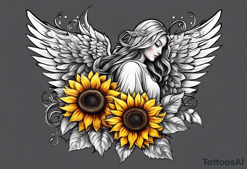 Sunflowers and angel wings leg sleeve tattoo idea