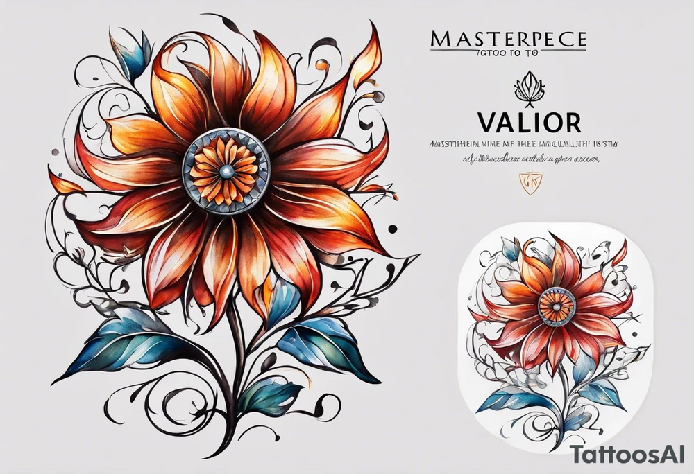 A fire wheel flower with the name Valor in the stem tattoo idea