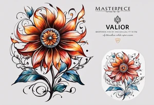 A fire wheel flower with the name Valor in the stem tattoo idea