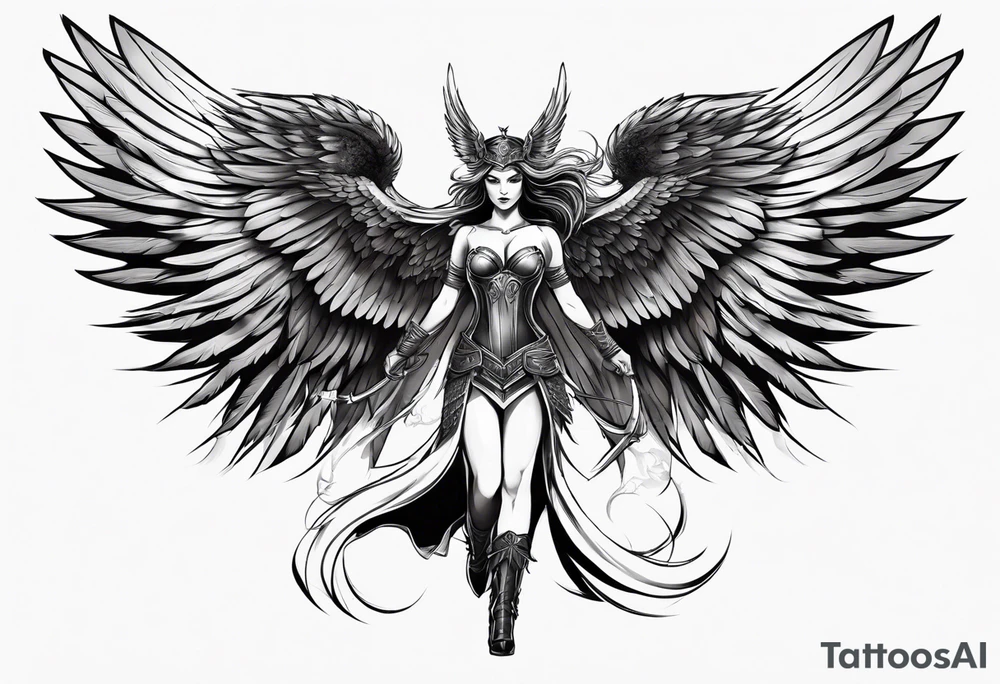 The full body of a Valkyrie with wings tattoo idea