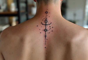 Sagittarius star constellation tattoo in muted grays and whites, placed along the spine. tattoo idea