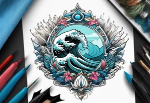 Trident with waves crashing and Atlantis in the background tattoo idea