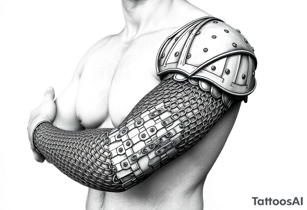 Huge shoulder tattoo of chainmail and plate armor covering entire arm tattoo idea