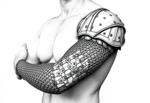 Huge shoulder tattoo of chainmail and plate armor covering entire arm tattoo idea