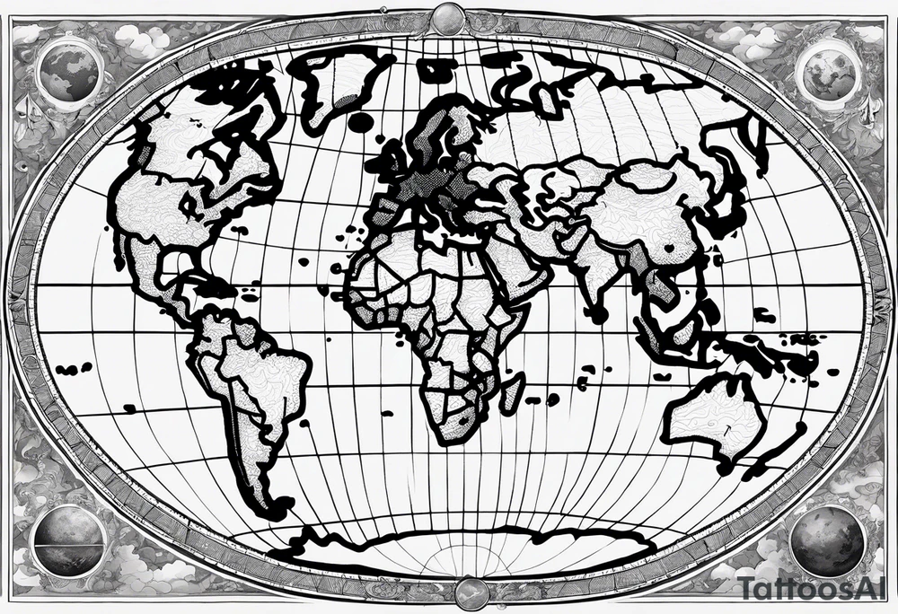the earth on a flat map with no shading placed on a grid with only the lines with accurate depictions of the borders in countries while having it in an oval/circular position on a grid without any borders on the sides while having the countries not have such bold borders tattoo idea