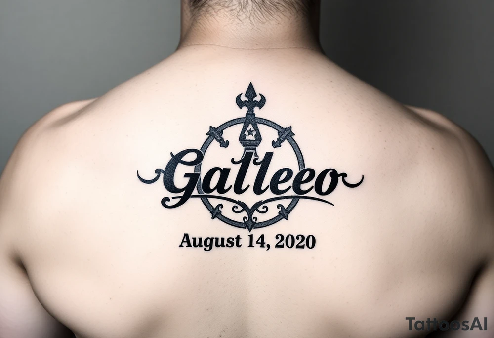 disney symbol with the name Galileo and the date August 14,2020, incorporated tattoo idea