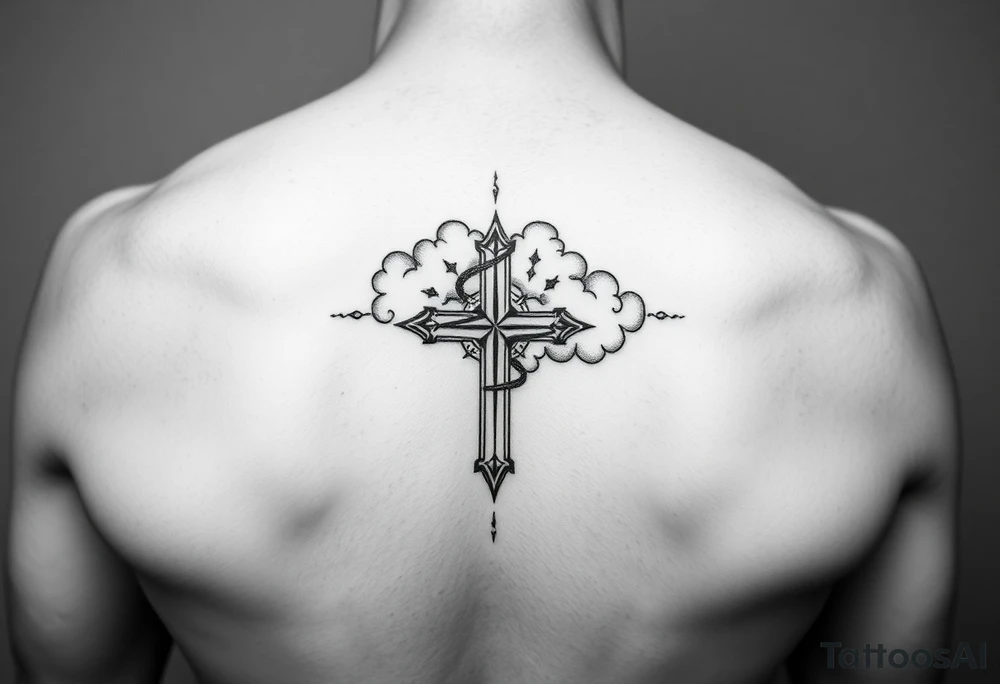add cross neklace with one angle and some details cloud tattoo idea