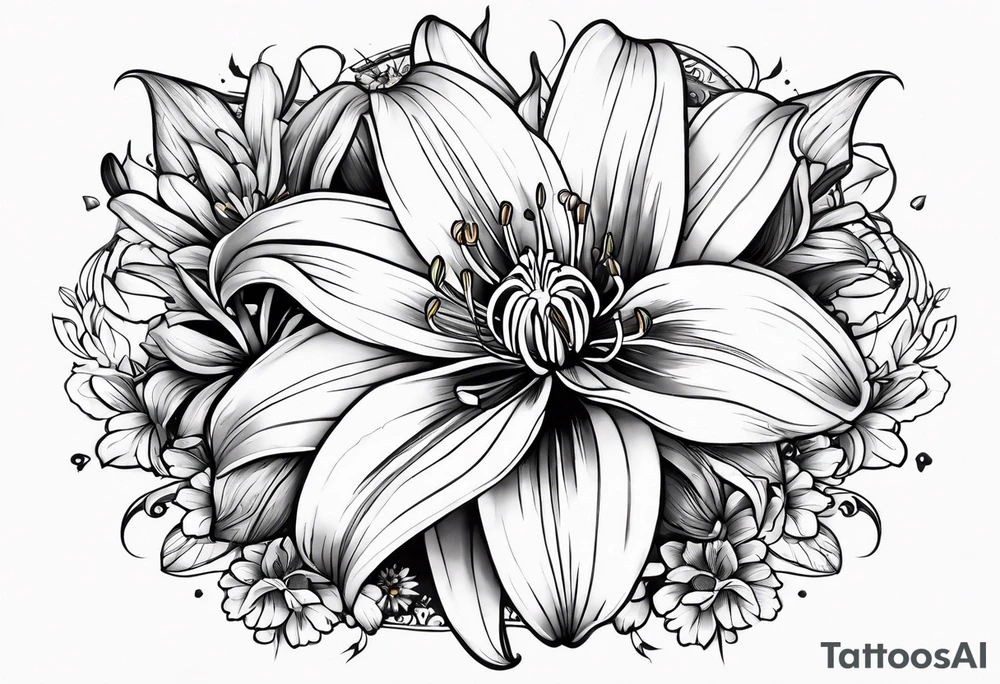 lily, marigold, cosmo, and aster tattoo idea