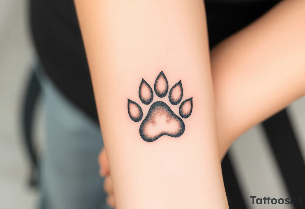 A detailed cat paw print with soft fur textures, using natural tones of cream, gray, and light brown and hearts within tattoo idea