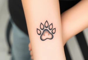 A detailed cat paw print with soft fur textures, using natural tones of cream, gray, and light brown and hearts within tattoo idea