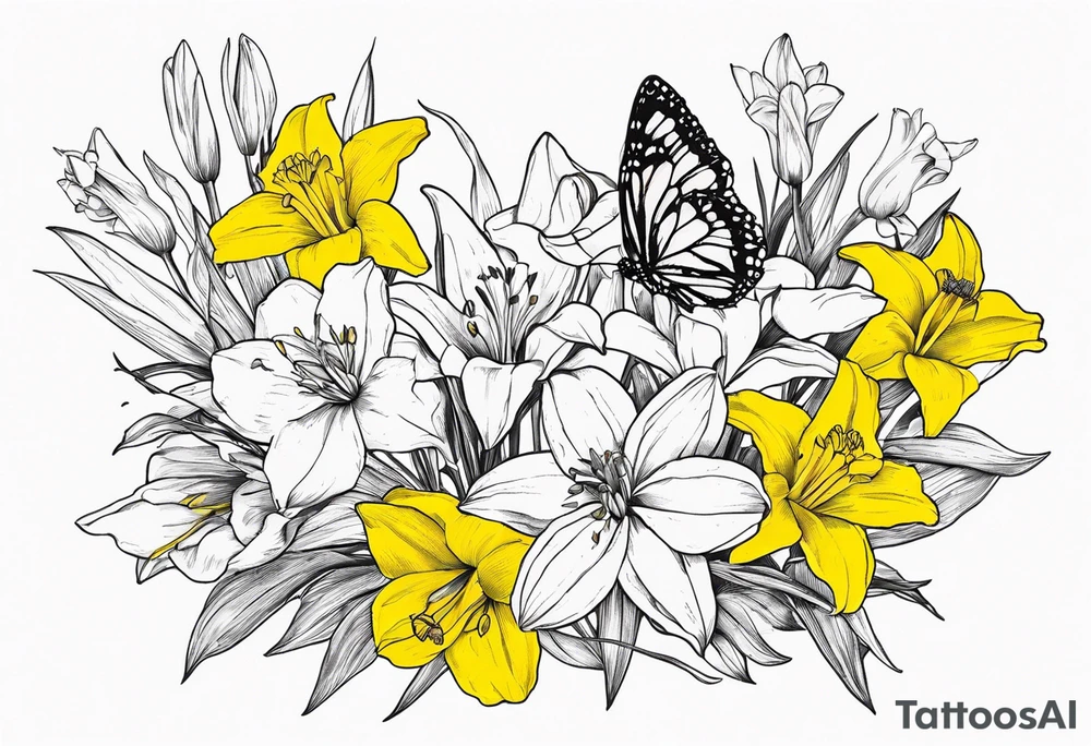 Wild flower of lily daisy and daffodil bouquet with butterfly 6-8 inches bi tattoo idea