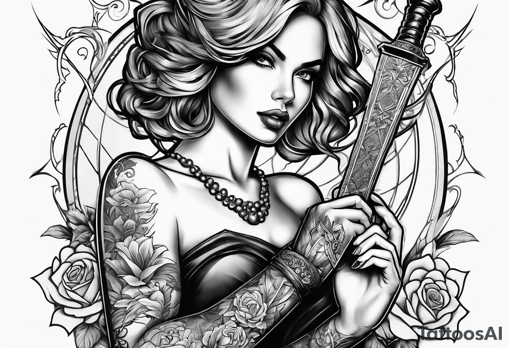 Female holding dagger tattoo idea