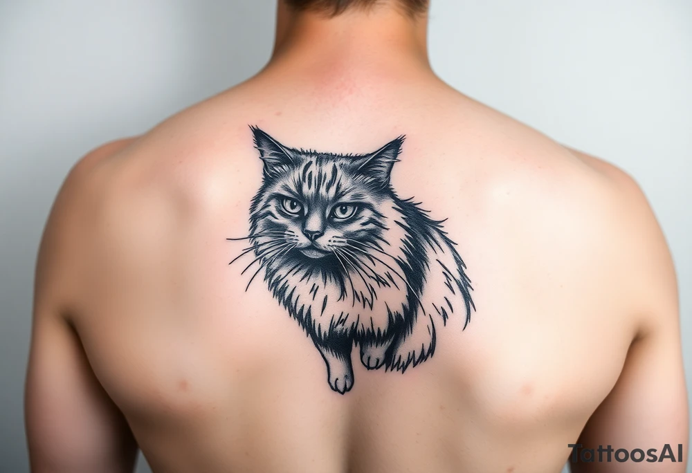 long hair black domestic cat tattoo idea