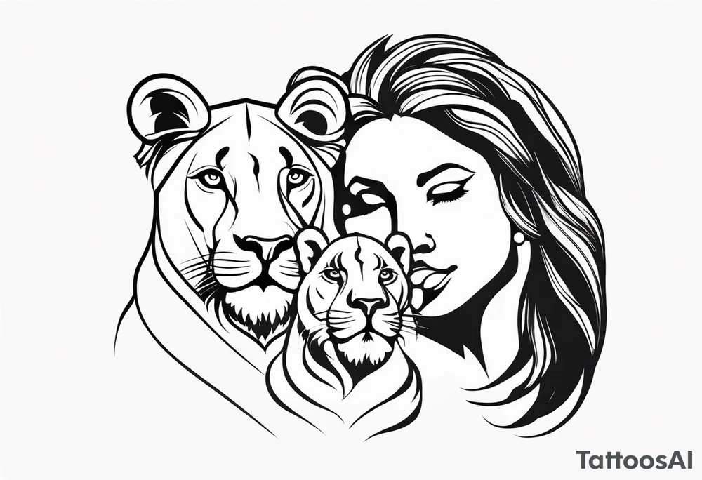 Moitié visage lion avec son bebe lionne tattoo idea