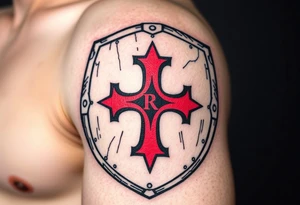 A black and red Templar cross embedded into a medieval shield, with scratches and dents for an authentic warrior aesthetic tattoo idea