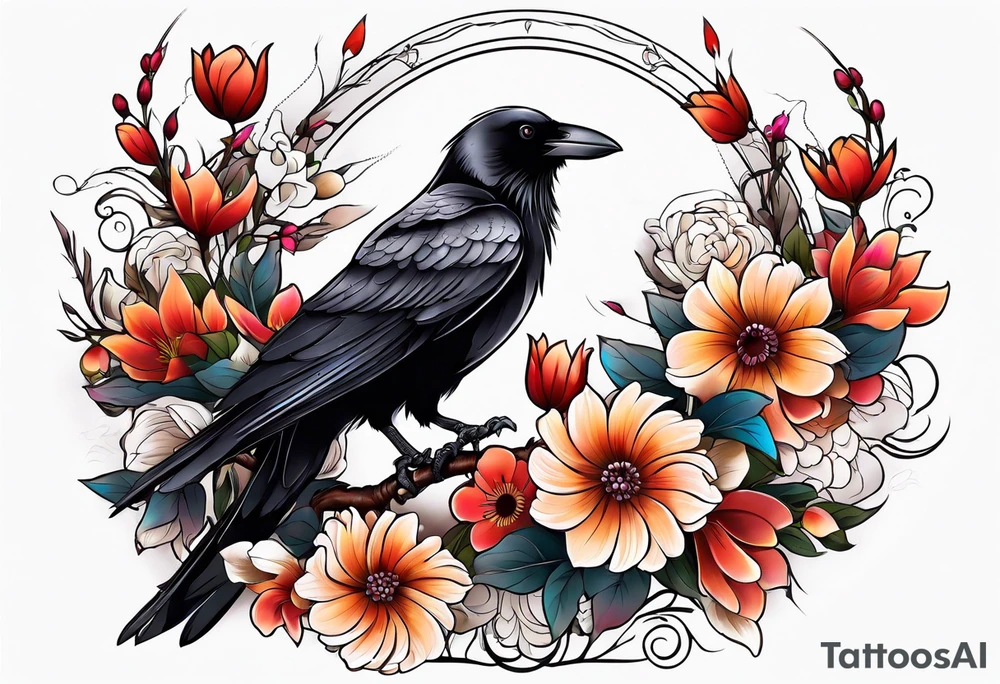 crow and flowers half sleeve tattoo idea