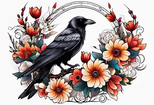 crow and flowers half sleeve tattoo idea