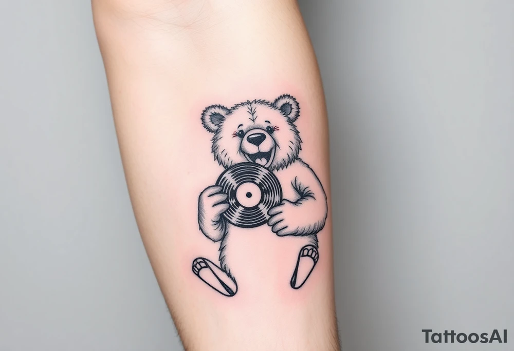 happy bear holding a vinyl record tattoo idea