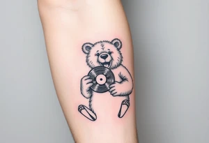 happy bear holding a vinyl record tattoo idea