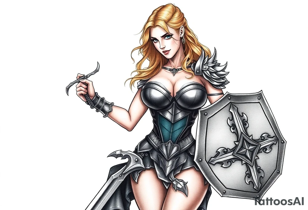 blonde valkyrie with sword and shield -- location calf -- image should show entire body of the valkyrie -- she should have large breasts and beautiful yet tough -- full color, realistic, should have breast armor, less cartoony more realistic, should -- full color-- 
 show her entire body
tattoo located on calf not on back tattoo idea