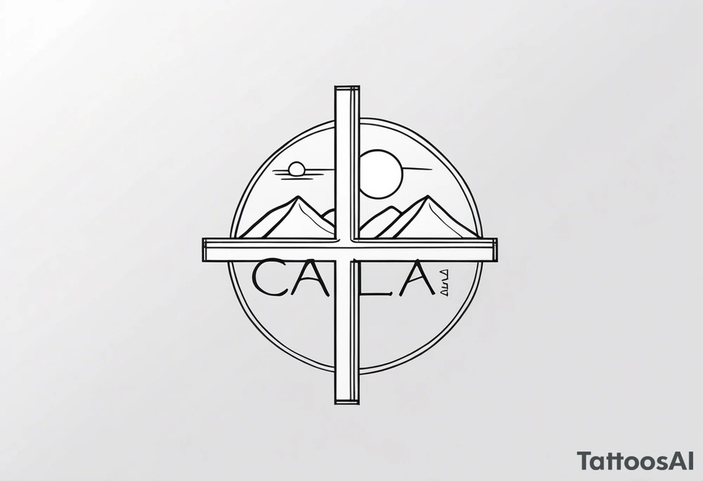 Cross with Mountains and the word "Cala" that is simple and small tattoo idea