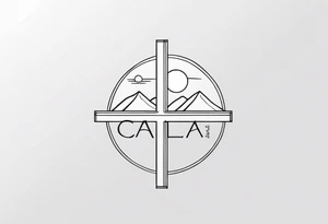 Cross with Mountains and the word "Cala" that is simple and small tattoo idea