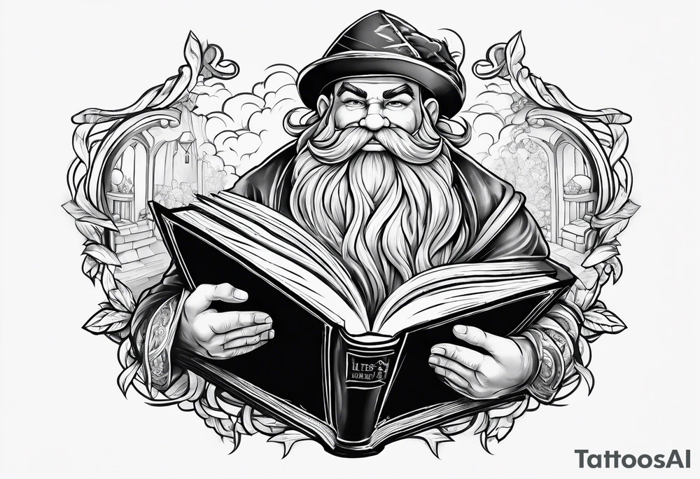 dwarf coming out of a book tattoo idea
