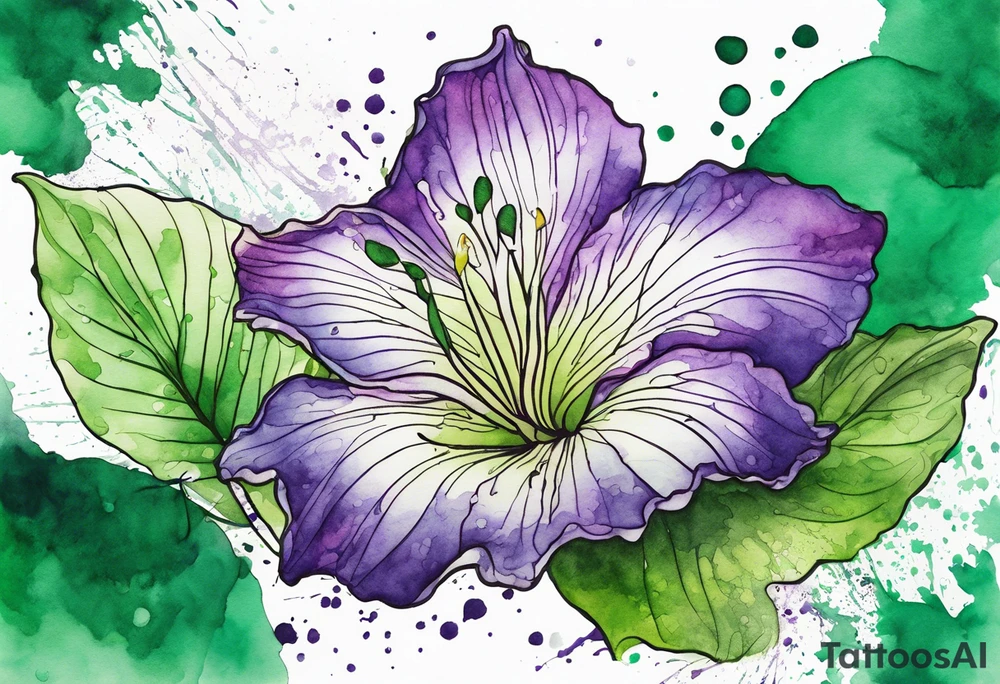 An outline of a green rio dipladenia flower and a green and purple watercolor splash in the background tattoo idea