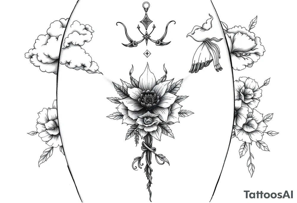 Sexy naked seven deadly sins with clouds and floral tattoo idea