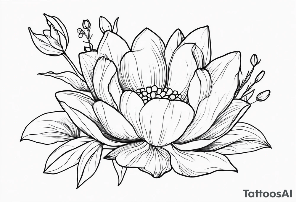 Thin line small lotus dogwood lily of the valley and peony wildflower tattoo idea