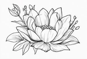 Thin line small lotus dogwood lily of the valley and peony wildflower tattoo idea