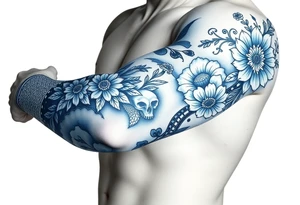 porcelain blue style with ornate and floral decor with a detailed banded border at the wrist and elbow. add animal decor also tattoo idea