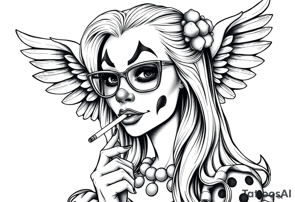 beautiful long hair pin up Clown Girl payasa  thug eyeglasses  angelic wings smoking a cigarette tattoo idea