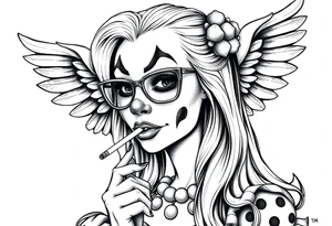 beautiful long hair pin up Clown Girl payasa  thug eyeglasses  angelic wings smoking a cigarette tattoo idea