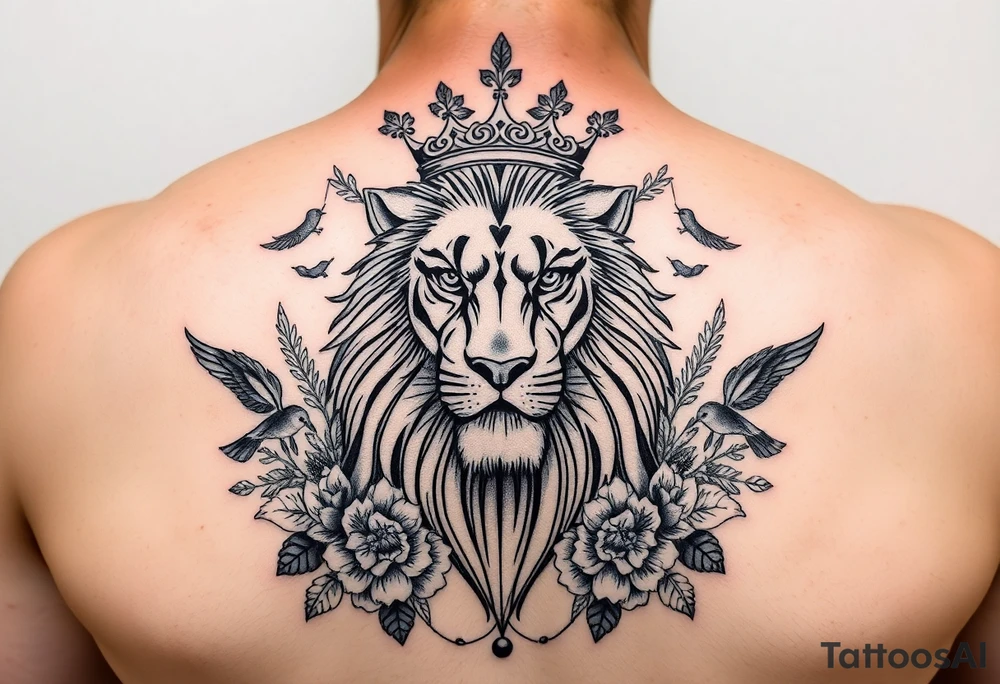 powerful majestic lion with a crown, surrounded by floral ornaments and birds tattoo idea