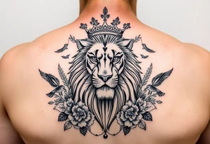 powerful majestic lion with a crown, surrounded by floral ornaments and birds tattoo idea