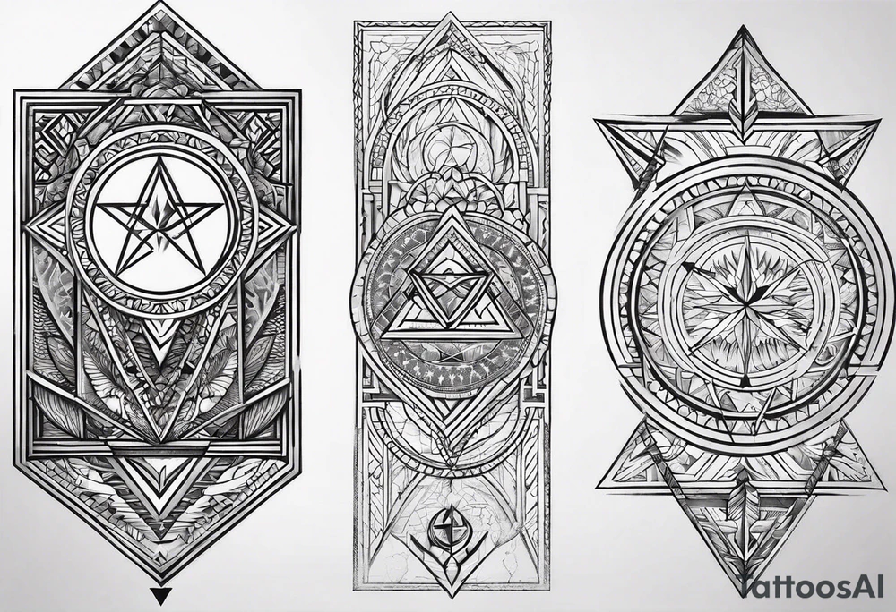 Fine line tattoo in the left forearm on the bottom side. The tattoo will have three shapes placed in a triangle formation. The top shape will be a geometric heart that symbolizes health. The bottom left will have a compass rose as a symbol for purpose. The bottom right will have three circles placed in a triangle formation to symbolize family. Tattoo should be minimalist with just the shapes filled in and no ornaments tattoo idea