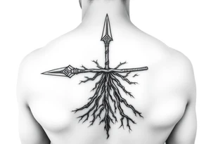 A broken spear with roots growing through it, tribal blackwork style, symbolizing healing through soul, not ego” tattoo idea
