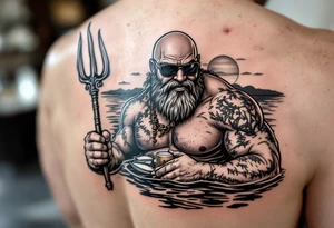 young, happy, fat, balding, poseidon in calm water, holding a trident, drinking a beer, with sunset, with ski boat, with sunglasses tattoo idea