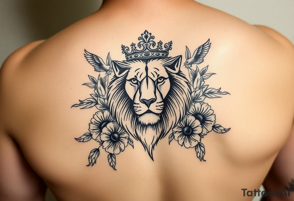 powerful majestic lion with a crown, surrounded by floral ornaments and birds tattoo idea