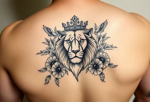 powerful majestic lion with a crown, surrounded by floral ornaments and birds tattoo idea