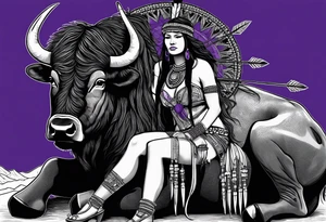 native woman female warrior with arrows on her back wearing bead headband sitting on a purple buffalo, show the buffalo standing still, see whole buffalo she is sitting on tattoo idea