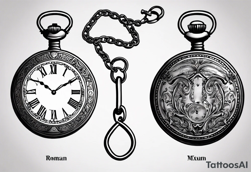 Pocket watch with chain, Roman numerals, date in Roman numerals inside timepiece, classic, elegant, traditional tattoo idea