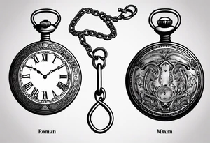 Pocket watch with chain, Roman numerals, date in Roman numerals inside timepiece, classic, elegant, traditional tattoo idea