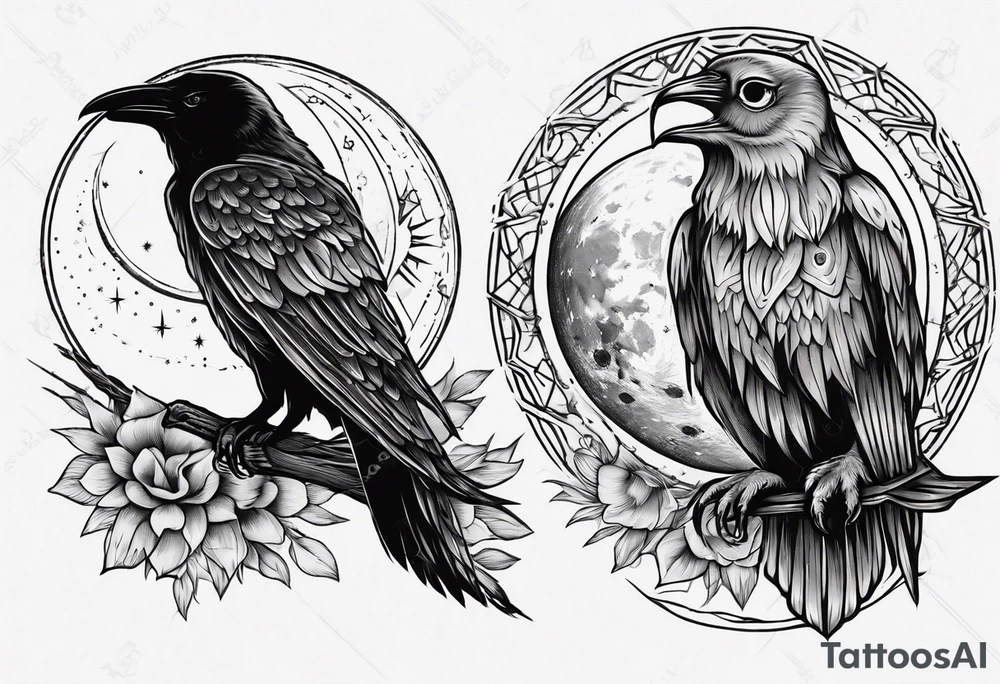 Cunning Raven with the Sun. Wise Owl on the right with Moon. tattoo idea