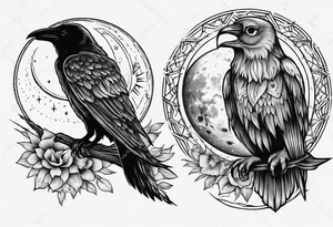 Cunning Raven with the Sun. Wise Owl on the right with Moon. tattoo idea