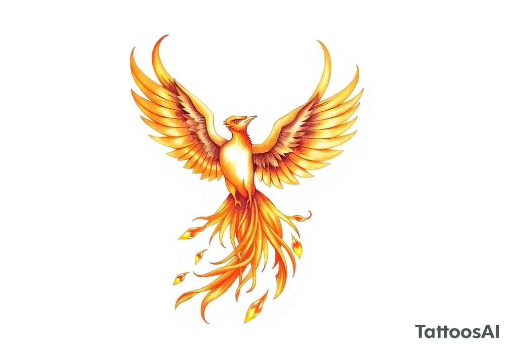 magnificent phoenix rising from golden flames with trailing embers tattoo idea