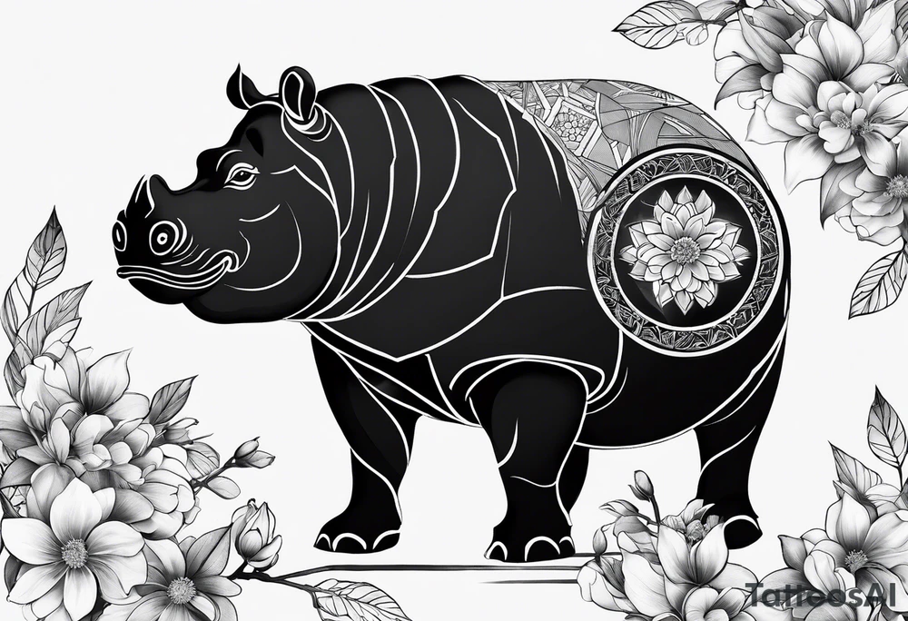 Very asymmetrical, +geometric pattern, with realistic full moon, with seeious looking hippo, +zen feel, + Buddhism touch,
with wintersweet flower bud, +portrait orientation, +inkart touch, tattoo idea