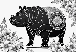 Very asymmetrical, +geometric pattern, with realistic full moon, with seeious looking hippo, +zen feel, + Buddhism touch,
with wintersweet flower bud, +portrait orientation, +inkart touch, tattoo idea